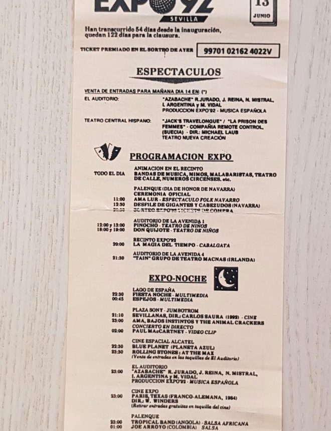 PROGRAMA EXPO 92. PROGRAMACIÓN ESPECTÁCULOS DÍA 13 JUNIO